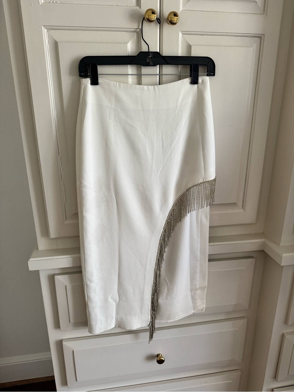 NBD White Midi Skirt with Silver Fringe
